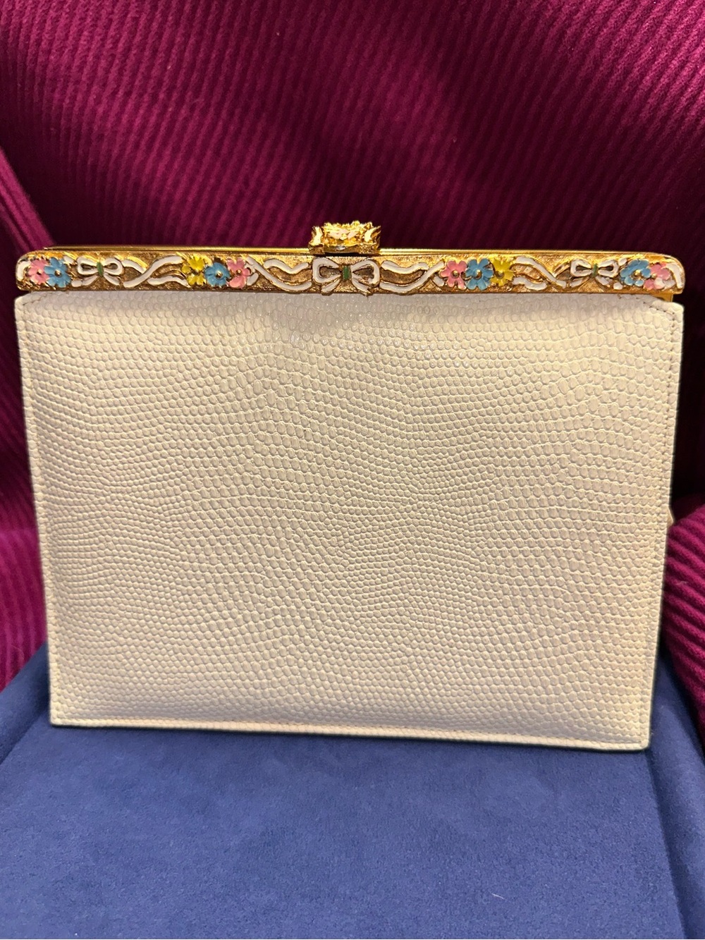Vintage Mid-Century 1950’s White Faux Lizard True Clutch Floral Enamel IDEAL